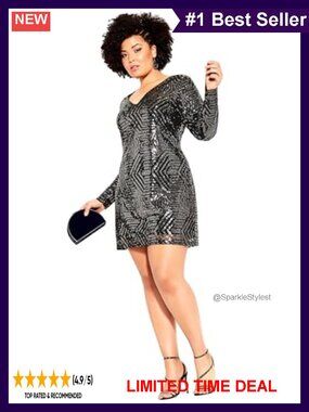 Plus Size Sequin Mini Dress Deep V-Neck Long Sleeve Cocktail Party